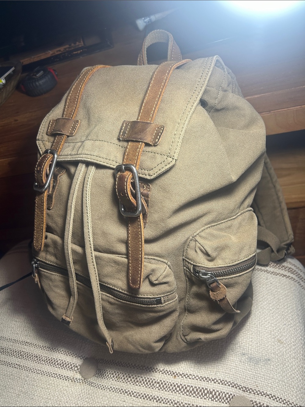 Beautiful Canvas Drawstring Backpack with Genuine Leather Trim, Unisex